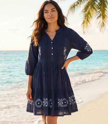 Blouson Sleeve Embroidered Lace Trim Tiered Dress