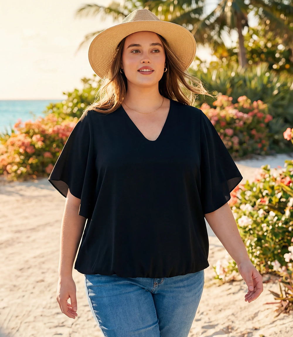 Plus Size Flutter Sleeve V-Neck Top