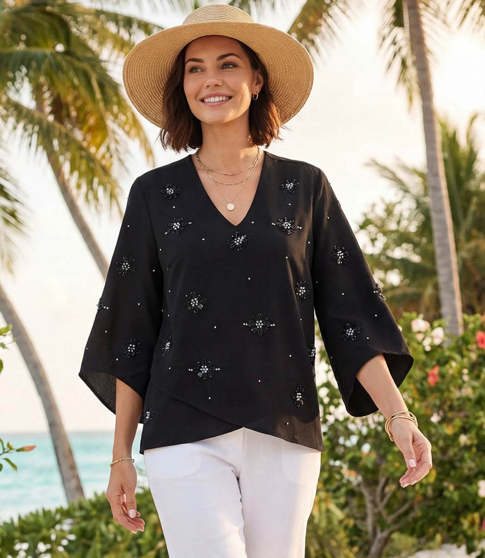 Petite Size Bracelet Sleeve Embellished Asymmetric Top