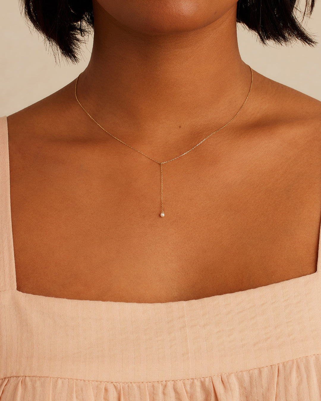 14K Gold Pearl Lariat Necklace
