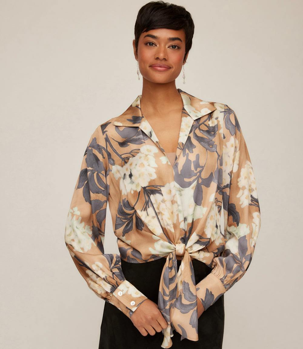 Petite Size Blouson Sleeve Satin Tie-Front Top
