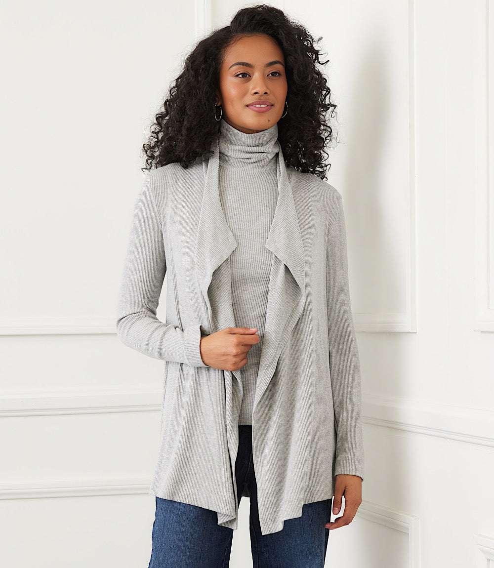 Petite Size Long Sleeve Ribbed Drape Front Cardigan
