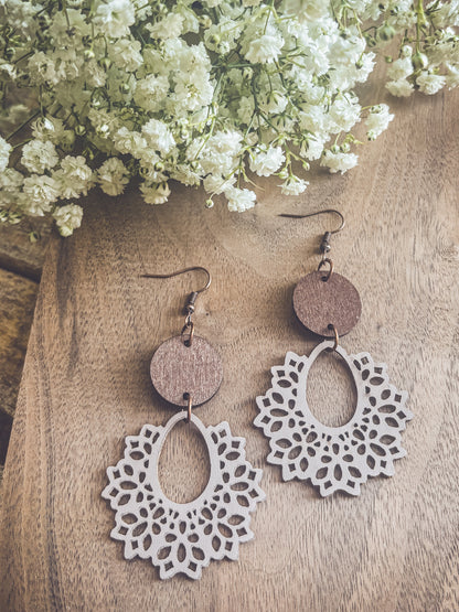 Beautiful Off White Wood Lavender Hued and Leather Earrings