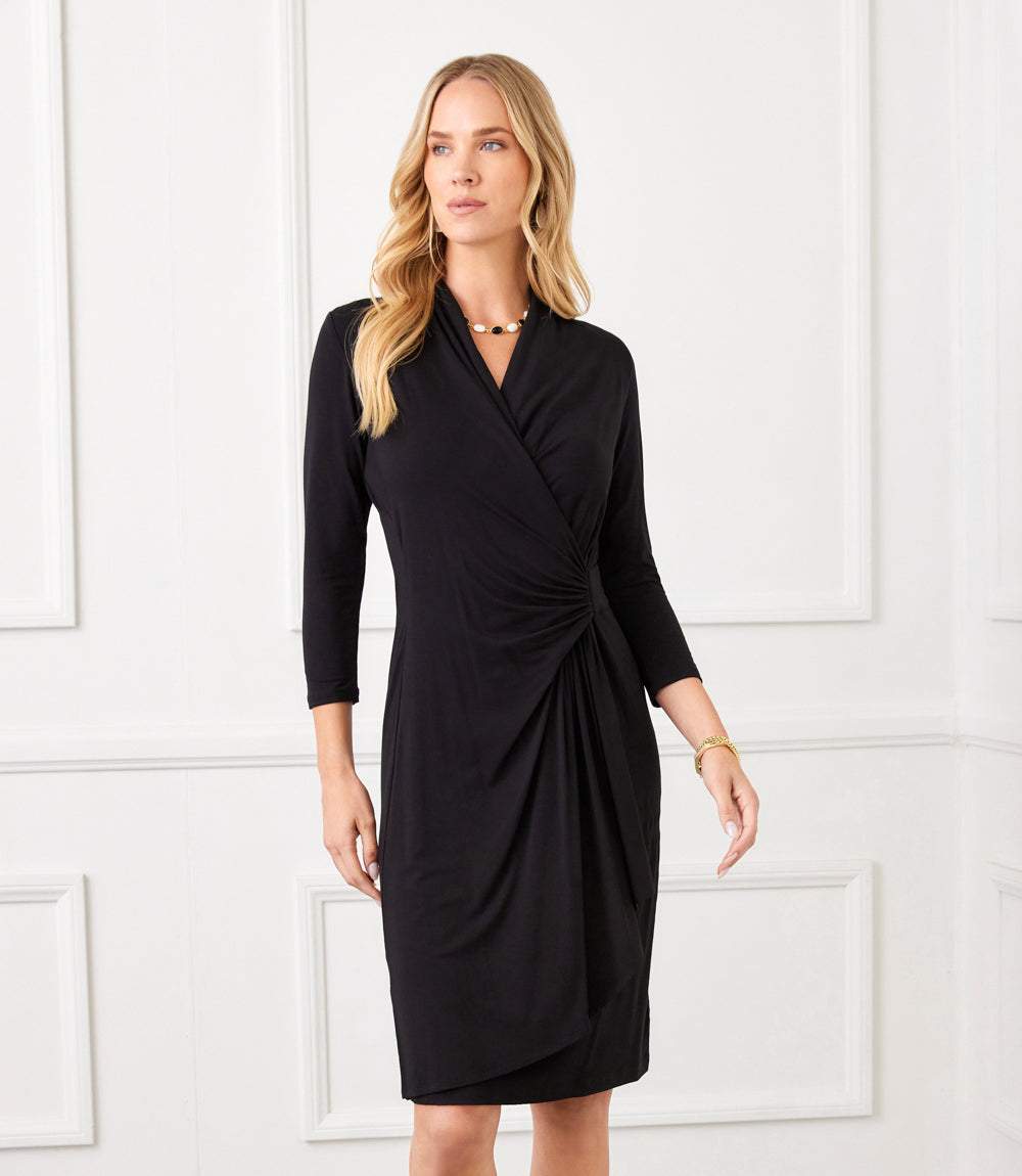Petite Size 3/4 Sleeve Cascade Wrap Dress