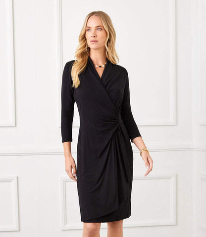 Petite Size 3/4 Sleeve Cascade Wrap Dress