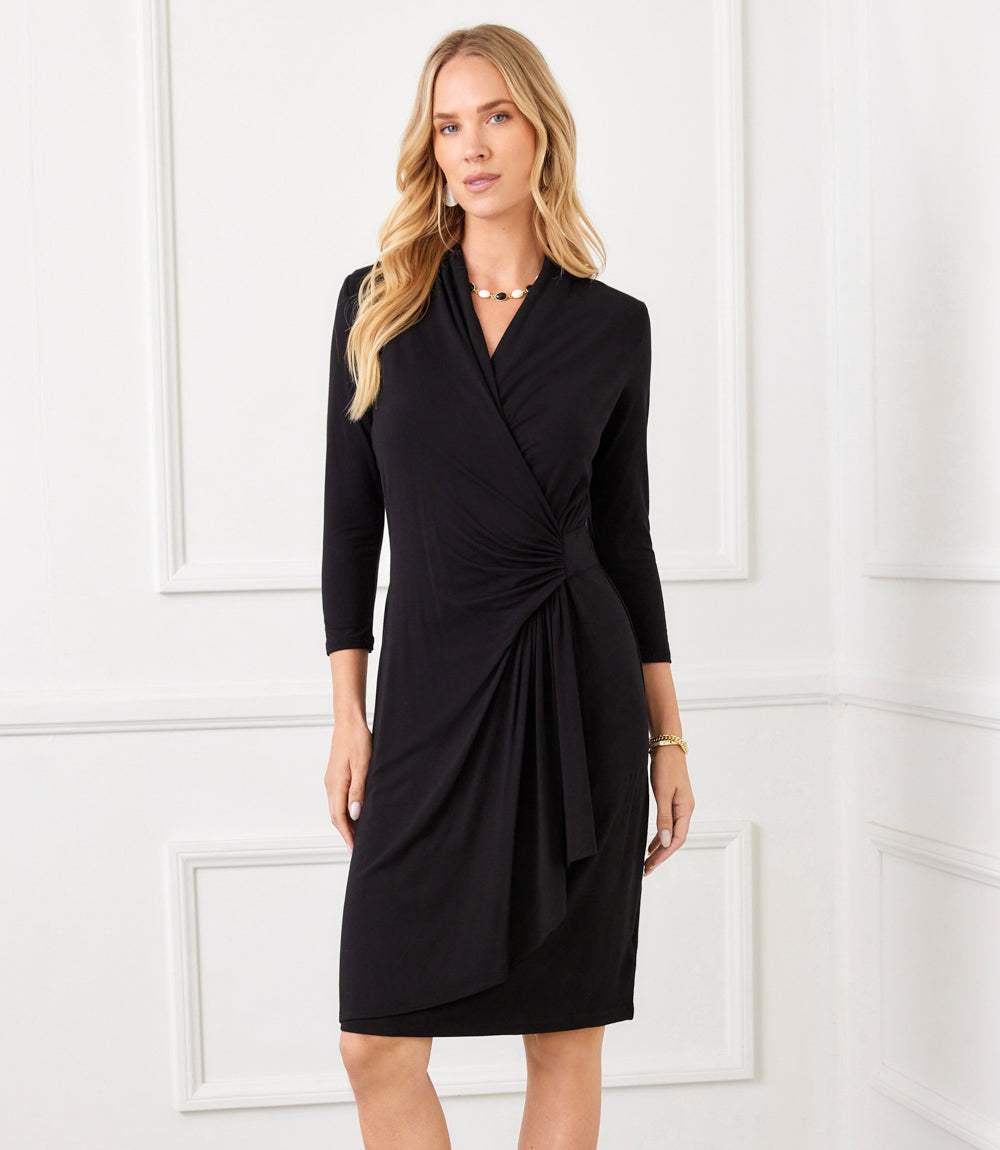 3/4 Sleeve Cascade Wrap Dress