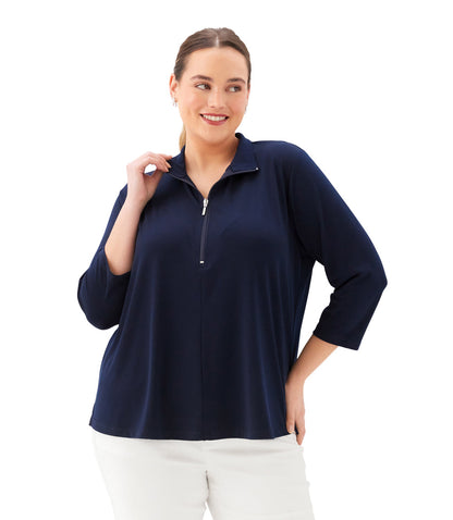 Plus Size 3/4 Sleeve Zip-Up Travel Jersey Top