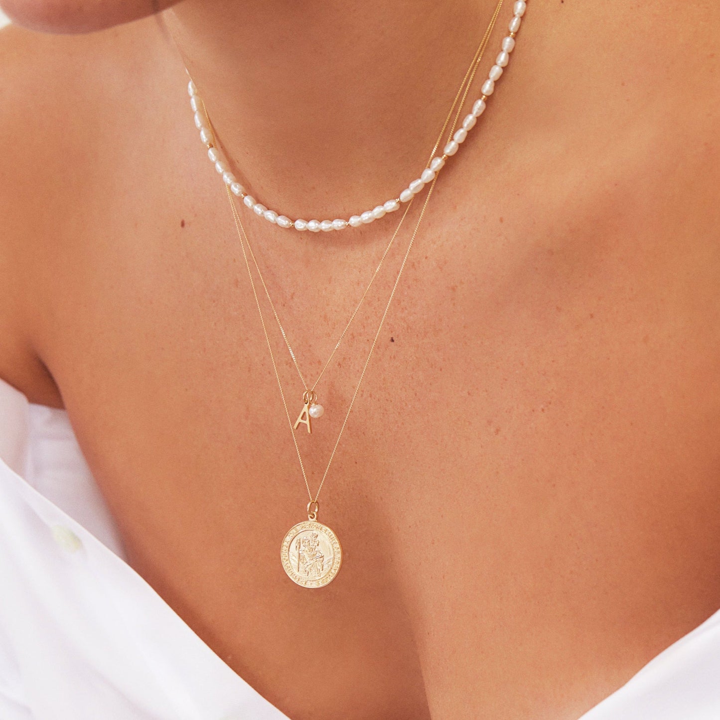 Solid Gold Large Round St Christopher Medallion Necklace