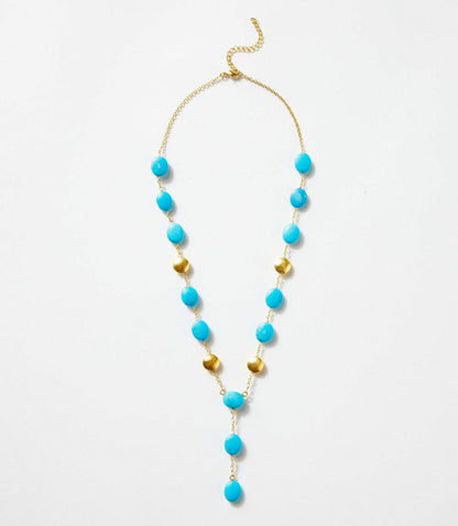 Beaded Turquoise And Gold Lariat Necklace