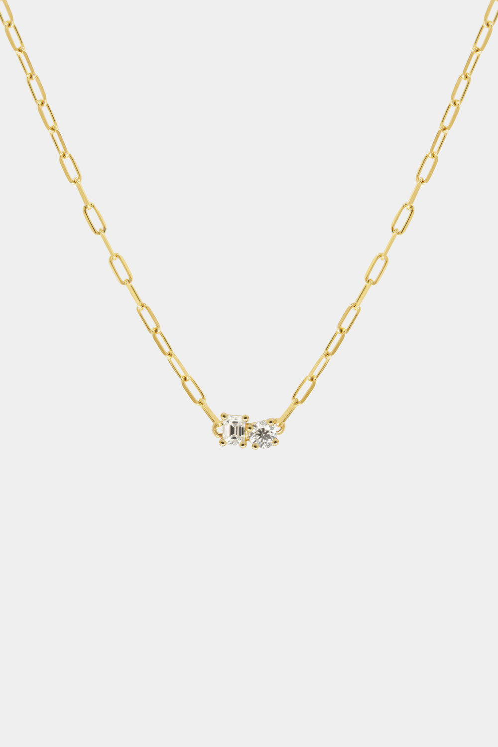 Emerald and Round Diamond Toi Et Moi Necklace | Yellow Gold