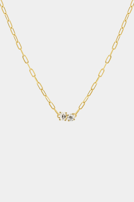 Emerald and Round Diamond Toi Et Moi Necklace | Yellow Gold