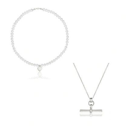 Silver T-Bar and Large Pearl Personalised Heart Necklace Gift Set