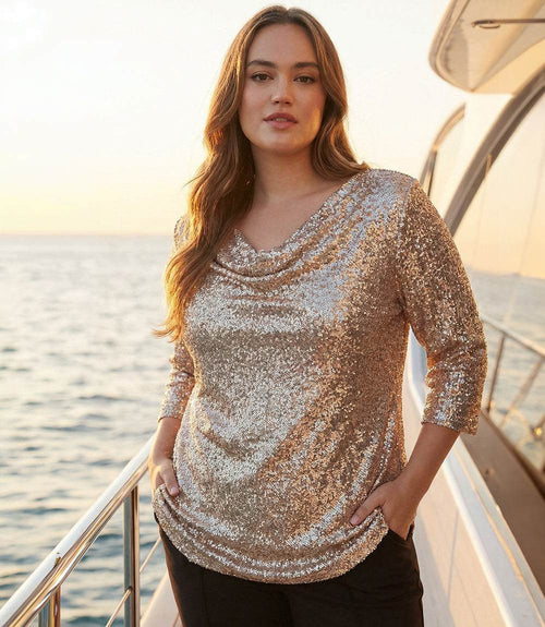 Plus Size 3/4 Sleeve Drape Front Sequin Top