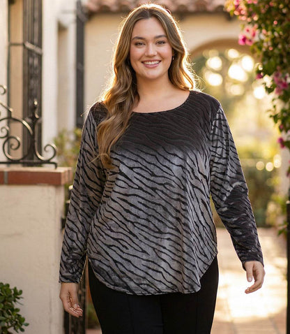 Plus Size Long Sleeve Velvet Burnout Shirttail Top