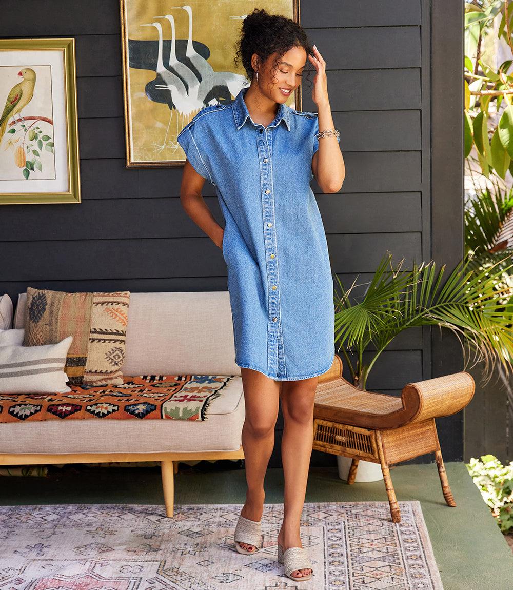 Cap Sleeve Denim Shirtdress
