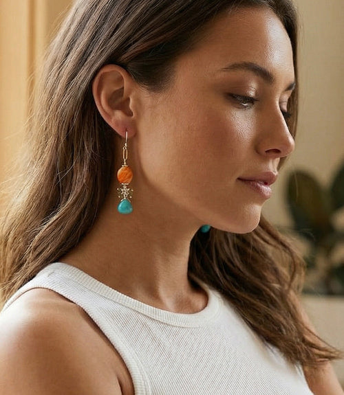 Spiny Oyster & Turquoise Dangle Earrings