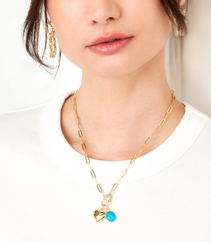Turquoise Stone And Heart Charm Necklace