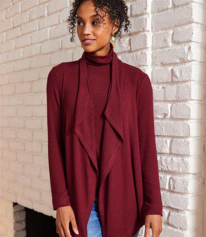 Petite Size Long Sleeve Ribbed Drape Front Cardigan