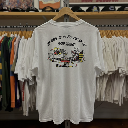 90s Calvin & Hobbes Simpsons Beer Parody Washed White Tee