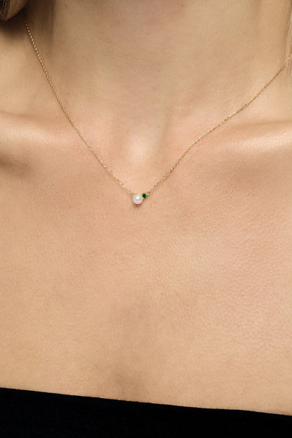Emerald Pearl Duo Necklace | 9K White Gold