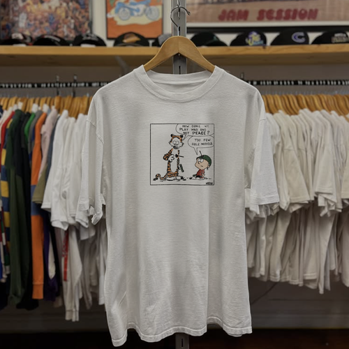 90s Calvin & Hobbes Peace Not War Washed White Tee