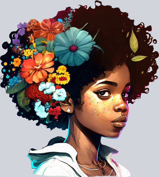Black Girl Afro With Flowers - STK00616 (DTF Transfers)